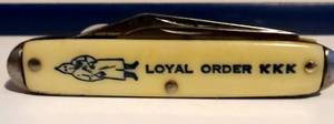 lot 268 image: RARE KKK COLONIAL LOYAL ORDER KKK POCKET KNIFE