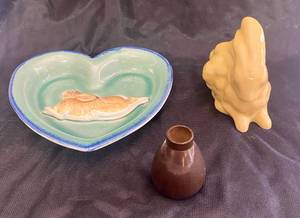 lot 157 image: Ceramic Heart Bowl and Vintage Ceramic Bunny, Small Brown Vase