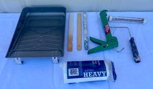 lot 28 image: Painting Supplies - Extra Heavy Drop Cloth 9x12 Paint Pan Roller and Caulk Gun
