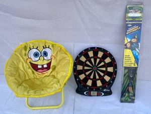 lot 36 image: Nickelodean Sponge Bob Squarepants mini Saucer Chair, Electronic Dart Board Rainbow Butterly Kite