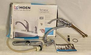 lot 53 image: Moen CA87480SRS Kitchen Faucet with Side Spray for the Torrance Collection Spot Resistnt Stainless Finish