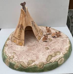 lot 24 image: Native American Teepee with Base and 3 Wolf Pups