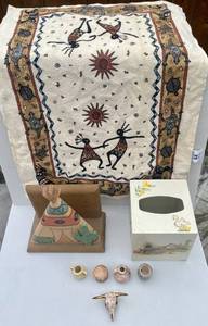lot 23 image: Wooden Teepee Napkin Holder, Small Tea Towel, Painted Kleenex Box and Trinkets