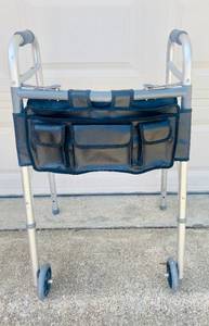 lot 193 image: Medline Two-Button Folding, Height Adjustable Push Buttonn Legs with 5 Wheels wWater-Resistance Walker Bag
