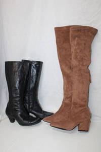 lot 34 image: Brown Suede Boots and Black Leather Boots Brown Boots has half zipper and marked size 39, Black Boots marked Size 839 Leather Uppers & Linings