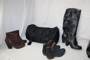 lot 37 image: Lucky Brand Boots Size 10 in Brown and Black, Black Leather Boots marked Made in Mexico Bench Made Size 8.5 Plus Duffle Bag