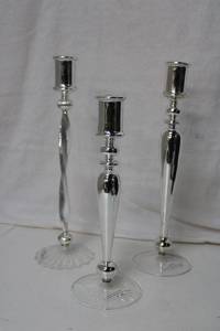 lot 63 image: Set of 3 Glass Based Candle Holders, up to 14 tall (Sticker reads At Home Nordstrom)
