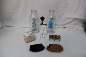 lot 66 image: Large Heart Paper Cutter, Vintage Milk Bottles, Coin Purses and Candle Holder, Plus Rose Decoration