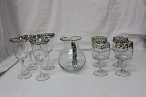 lot 90 image: Goblets and Pitcher Glass Set with Multicolored Trim