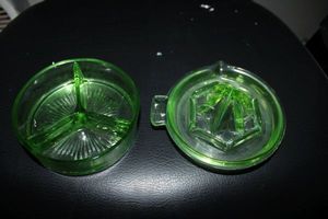 lot 92 image: Uranium Glass - 3 Part Divided Candy Dish and Citrus Juicer