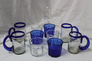 lot 94 image: Blue and Clear Glass Lot - Ones with Handles are Hand Blown Glass