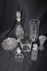 lot 95 image: Clear Glass Serving Lot - Decanter, Ice Bucket, Vases and More