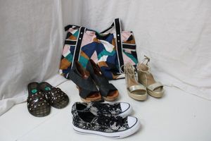 lot 110 image: Womens Shoes Converse 5.5, Merona Size 7.5, Gentle Souls, and Sandals - Size 8 PLUS Insulated Bag