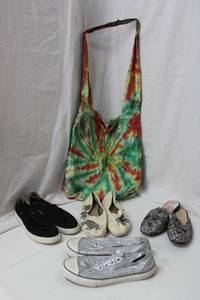 lot 118 image: Womens Shoes Silver Converse Size 8.5, Atalina Beaded Sandals Size 8.5, Toms Flats with Elephant Print, Black Beaded Melani Shoes Size 8 Plus Cloth Bag