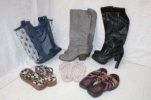 lot 117 image: Womens Shoes - Dolce Vita Black Boots and Grey Boots Size 9,  Michael Kors Flip Flops, Elite Spring Sandals, and Brighton Flip Flops Plus Beach Bag