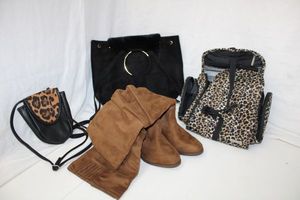 lot 119 image: Womens Shoes Brown Suede Boots size 8, and Bags Travelon with Animal Print, Small Purse and Who What Wear  Black Bag with Plush Flap