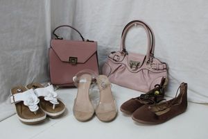 lot 120 image: Womens Shoes CG Sandals White with Flower size 7.5, Madden Girl Heel size 8.5, Big Budda Flats size 8, PLUS Pink Dune Purse, and Pink Salvatore Ferragamo Purse