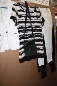 lot 121 image: Calvin Klein Marked Lot Jacket size 8, Stripes Top Size L, Black and Cream Pants (2 Size M), and Small Handbag