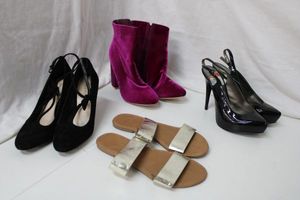 lot 125 image: Womens Shoes Seven Gold Sandals, High Heels Size 8 by Carlos, Nine West Strapped Heel with Bow Size 8, Bright Pink Heeled Short Boots by Just Fabulous Size 8.5