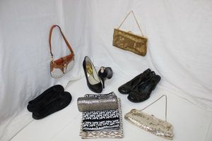 lot 126 image: Michael Kors Lot Black Heeled Shoes Size 9, Two Scarfs, and Small Brown and White Purse PLUS Born Shoes Size 9, Slippers and Glittery Handbags