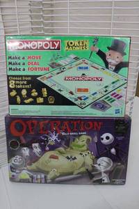 lot 130 image: Board Games Unopened - Monopoly with Gold and Silver Tokens, and Operation in Nightmare Before Christmas Theme