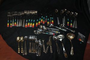 lot 147 image: Silverware Set with Rainbow Colored Tile Handles as shown
