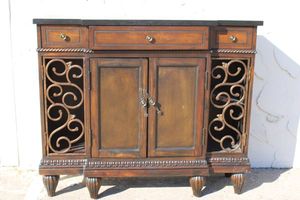 lot 156 image: Vintage Buffet Table with Iron Swirl Side Cabinets, Magnetic Doors