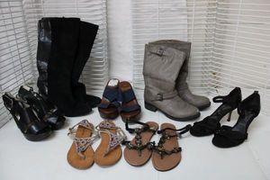 lot 160 image: Womens Shoes Mostly Size 7.5 - Beaded Sandals, Charles Flexible Strap Heels, Grey Boots Size 6.5, Italian Platform Sandals, Michael Kors Black Heeled Sandals, and Black Leather Upper Boots size 7.5
