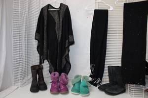 lot 171 image: Womens Ugg Boots (Black Size 9, Purple, Green and Brown Size 7), Shawl and Scarfs