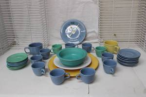 lot 172 image: Fiesta Dishes 60th Anniversary Dish Clock, Mugs, Saucers, Bowl and Platters