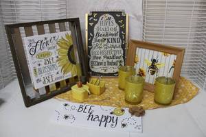 lot 178 image: Bee Themed Lot Wall Art, Large Candle Votives, Honey and Sugar Cube Set and Vinyl Tablecloth