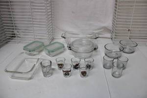 lot 181 image: Anchor Ovenware - Loaf Dish and Lidded Round Bowl, Plus Refrigerator Dishes and Shot Glasses