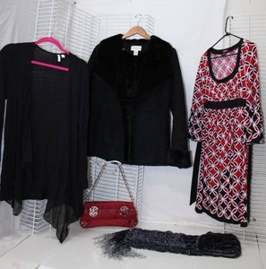 lot 197 image: White House Black Market Jacket Size M, Dress Cardigan, Scarf and Roca wear Red Handbag