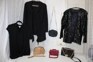 lot 200 image: Womens Clothes Black Sequence Jacket, Cardigan and Top Plus Variety of Handbags