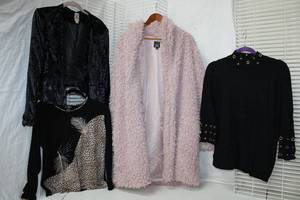 lot 203 image: Womens Clothes Wild Fable XXL Pink Furry Jacket, Belldini Sweater with Grommets, Size XL, Decree Jacket Size L, Valentina Top Size L,