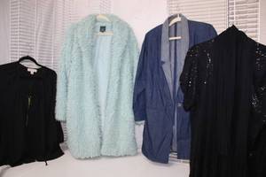 lot 204 image: Womens Clothes Wild Fable L Green Furry Jacket, Michael Kors Blouse Size L, 5th Culture Sequence Top, and  Long Denim Jacket