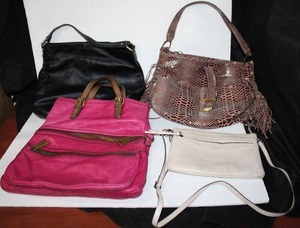 lot 207 image: Leather Purses Margot White Leather Purse, Fossil Hot Pink Bag, Black Kooba Bag with Magnetic Closure, and Brown Animal Print Bag with Fringe