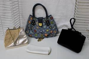 lot 208 image: Gray Clutch Purse, Vanity Mirror Clutch, Gold Clutch and Trunks & Bags Denim Purse