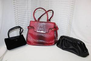 lot 209 image: a. new day Black Clutch, Isabelle (Looks like Ostrich Leather) Purse, and Velvet Clutch