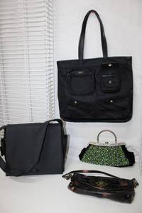 lot 226 image: Kate Landry Brown Clutch, Vintage Velvet and Green Beaded Purse, Reaction Kenneth Cole Bag, and Like Dreams Bag