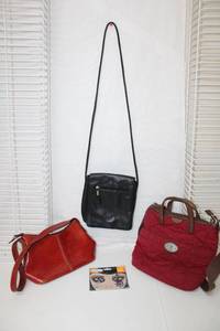 lot 232 image: Fossil Marked Purses Red Quilted Fossil Purse, Red Fossil Clutch and Black Crossbody Fossil Purse, Plus Face Tattoo Stickers