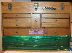 lot 360 image: Gerstner-style Oak mechanics box with felt lined lift top and drawers 23W x 11D x 19H