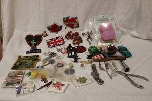 lot 430 image: Collectible selection. Includes folding fans, bookmarks, sewing notions, decals, patches, campaign pins, magnet and more