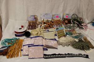 lot 401 image: Ribbons, trims, embellishments, tassels, cord, carded beading, plus. Generous quantity.