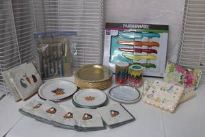lot 260 image: Faberware Cutlery Set, Unopened Paper Plates and Napkins, Cupcake Liners, and Popcorn Bags