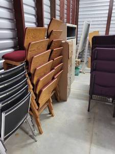 lot 357 image: Stackable Red Fabric Chairs with Wooden Frame - 13 Total (Sunday Pickup only 2-5p preview by appointment only.)