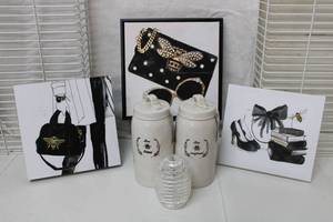 lot 263 image: Bee Theme Lot Wall Art, Ceramic Cannisters and Clear Plastic Jar