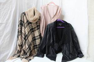 lot 266 image: Womens Clothes Size 3X Bagatelle Jacket, Beaded V-neck Top, and Sweater Poncho Size L-XL