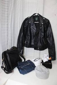lot 233 image: Wild Fable Black Jacket Size L, Skinny Leg Jeans Size 8R, Black Backpack, Bebe hats, sunglasses and toy Zero