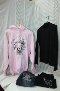 lot 234 image: Pink Hoodie Size XL, NOBO Turtleneck Size 15-17, Black Market Jeans Size 10S, LAidol Jeans Size 11